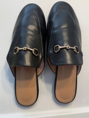 Riveted Black Leather Slip-On Mules with Gold Bit Detail Mens 9 or Women's 11